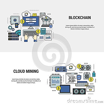 Set blockchain and mining banners with bitcoins Vector Illustration