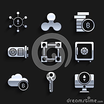 Set Blockchain technology, Cryptocurrency key, Monitor and coin Ethereum ETH, Safe, cloud mining, Mining farm, Bitcoin Stock Photo