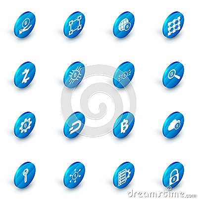 Set Blockchain technology, Globe and cryptocurrency coin Bitcoin, Cryptocurrency Zcash ZEC, CPU mining farm, Magnifying Vector Illustration