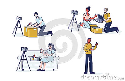 Set of bloggers create unpacking videos, lifestyle and beauty vlogs. Purchase unboxing vlogs concept Vector Illustration