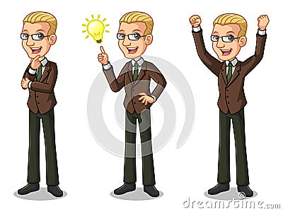 Set of blonde businessman in brown suit getting ideas gesture Vector Illustration