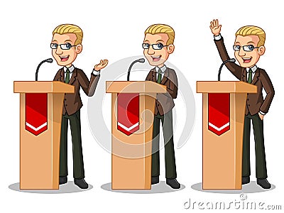 Set of blonde businessman in brown suit giving a speech behind rostrum Vector Illustration