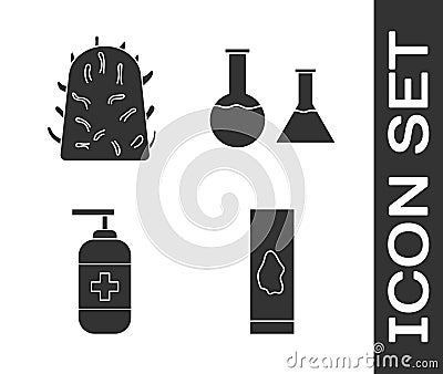 Set Blood test and virus, Rabies virus, Bottle of liquid antibacterial soap and Test tube and flask icon. Vector Vector Illustration