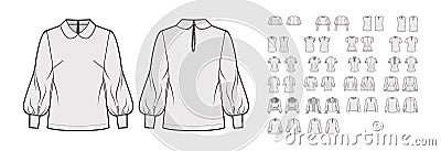 Set of blouses key-hole back closure tops, shirts, technical fashion illustration with fitted oversized body, short Vector Illustration