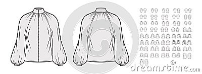 Set of blouses, tops, shirts technical fashion illustration with fitted oversized body, short elbow long sleeves. Flat Vector Illustration