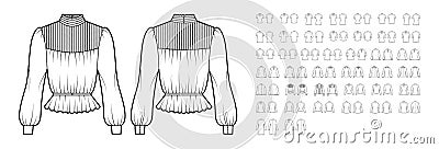 Set of blouses, tops, shirts technical fashion illustration with fitted oversized body, short elbow long sleeves. Flat Vector Illustration