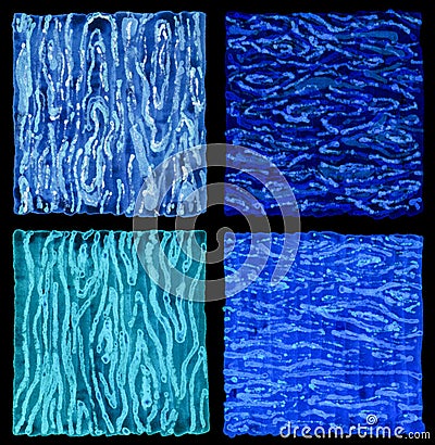 Set of blue abstract wavy textures on a black background. Wavy lines are directed horizontally, vertically, intersect. Stock Photo