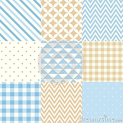 Set of blue and beige seamless geometric patterns. Vector illustration. Vector Illustration