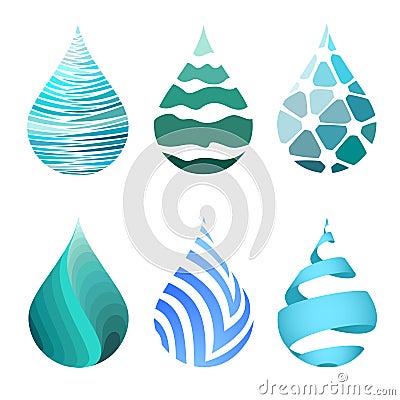 Set of blue bright different water drop icons. Vector Illustration