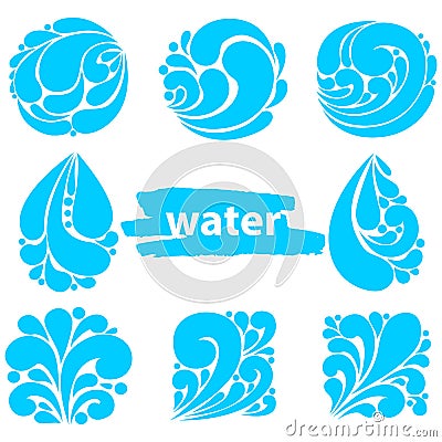 Set of blue bright different water drop icons. Water drop logo. Vector Illustration