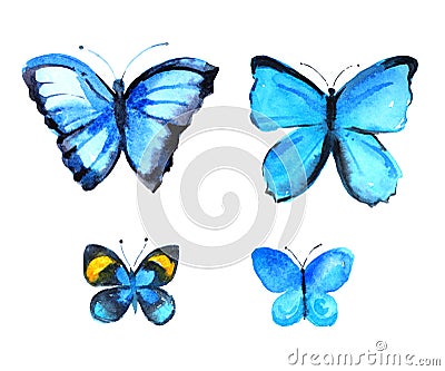 Set of blue butterflies, watercolor illustration on white background Cartoon Illustration