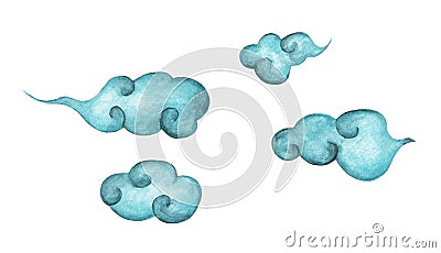 Set of Blue cartoon clouds isolated on white background Cartoon Illustration