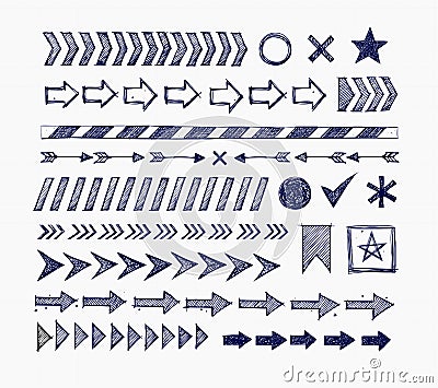 Set of blue doodle arrow dividers, pointers, danger tape and design elements on lined paper background Vector Illustration