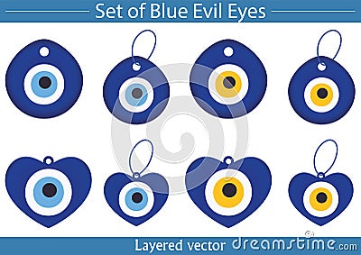 Set of blue evil eye vector isolated on white background. Hand-drawn oval and heart shaped evil eyes. Vector Illustration