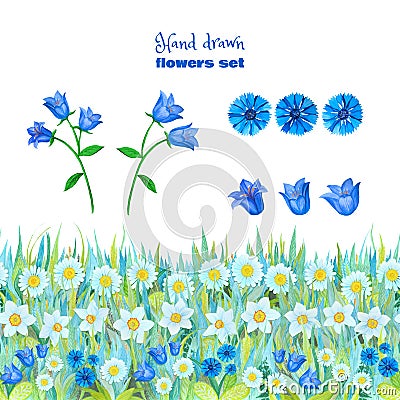 Set of blue flowers. Chamomiles, daffodils, blue bells, cornflowers. Seamless floral border Stock Photo