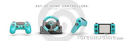 Set of blue game controllers. Realistic image of gamepad, console, steering wheel Vector Illustration