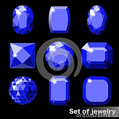 Set of blue gems sapphire of various shapes. Vector Illustration