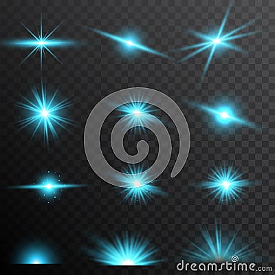 Set blue glow light lens effect sparkles on transparent background. Vector Illustration