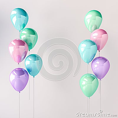 Set of blue, green, pink and purple glossy balloons on the stick on grey background. 3D render for birthday, party, wedding or pro Cartoon Illustration