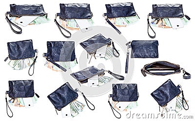 Set of blue leather wristlet pouch bag isolated Stock Photo