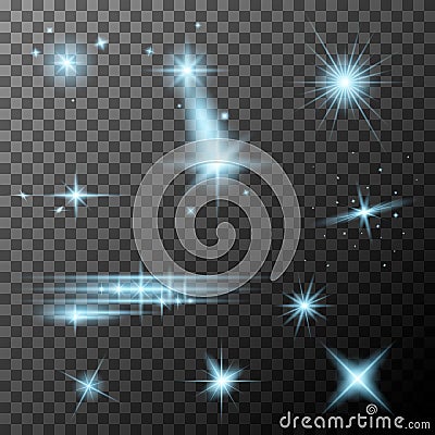 Set of blue lens flares. Cyan sparkles shine special light effect. Vector Illustration