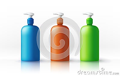 A set of blue, orange, green satined plastic bottles for sanitary and antiseptic products. Object, shadow, glossy and Vector Illustration