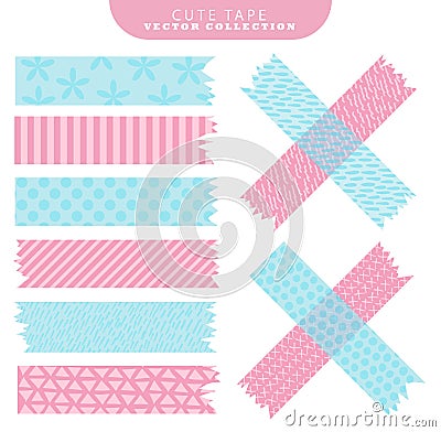 Set of blue and pink washi tape with variant patterns. Vector illustration. Cartoon Illustration