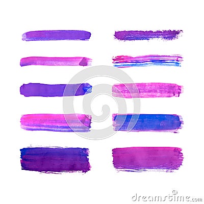 Set of blue and purple hand drawn paint, ink brush strokes, brushes, lines watercolor isolated on white background Stock Photo