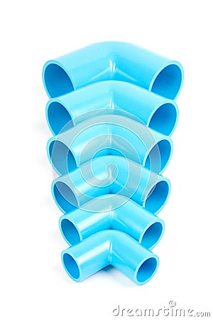 Set Blue PVC Pipe fittings 90 degree elbow. Stock Photo