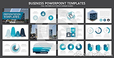 Set of blue and turquoise elements for multipurpose presentation template slides with graphs and charts. Leaflet Vector Illustration