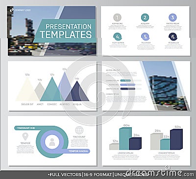 Set of blue and turquoise elements for multipurpose presentation template slides with graphs and charts. Leaflet Vector Illustration