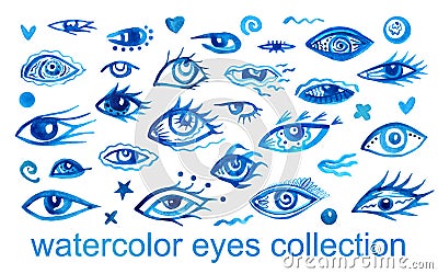 Set of blue watercolor eyes. Aquarelle clip art for creating amulets from evil eye. Cartoon Illustration