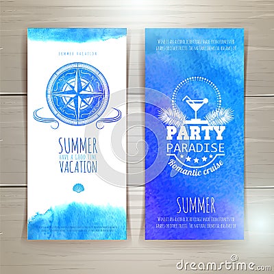 Set of blue watercolor summer banners Vector Illustration