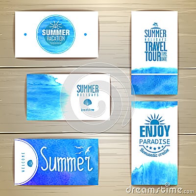 Set of blue watercolor summer visiting card Vector Illustration