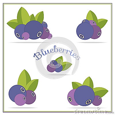 Set with blueberries icons isolated on white. Bright color, fashion style for prints, batik, silk textile, cushion pillow, bandann Vector Illustration