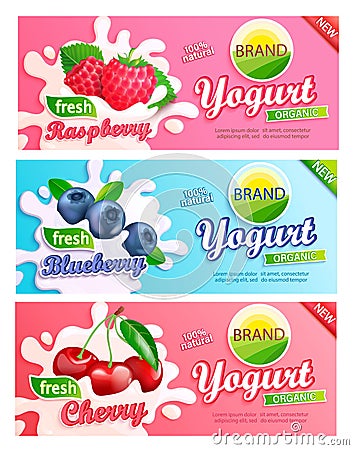 Set of blueberry, cherry, raspberry yogurt labels. Vector Illustration