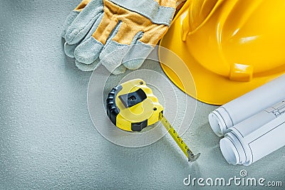 Set of blueprints building helmet protective gloves measuring ta Stock Photo