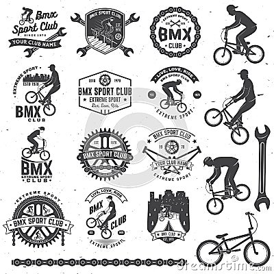 Set of bmx extreme sport club badge. Vector. Concept for shirt, logo, print, stamp, tee with man ride on a sport bicycle Vector Illustration
