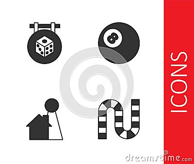 Set Board game, Game dice, Chip for board and Billiard pool snooker ball icon. Vector Vector Illustration