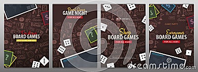 Set of Board Games banners with dice, playing cards and map. Hand draw doodle background. Vector illustration. Vector Illustration