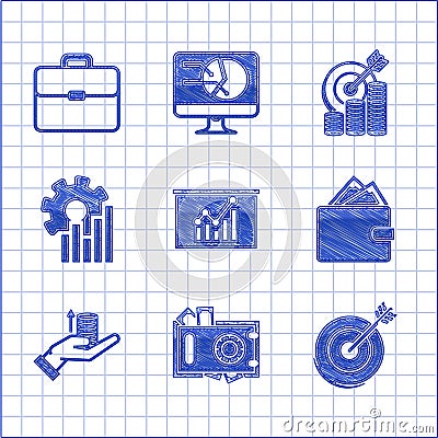 Set Board with graph chart, Safe and money, Target, Wallet stacks paper cash, Money hand, Pie infographic, coin symbol Vector Illustration
