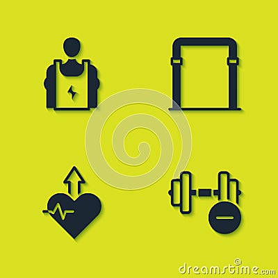 Set Bodybuilder, Dumbbell, Heartbeat increase and Sport horizontal bar icon. Vector Stock Photo