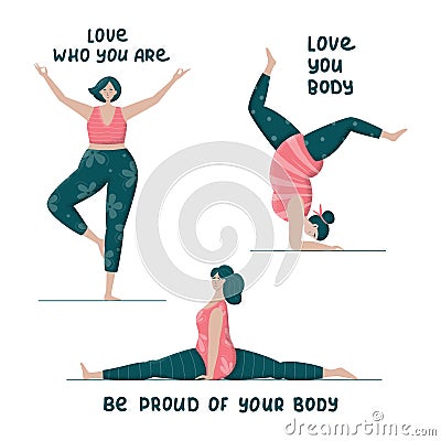 Set of Bodypositive plus size women doing yoga. Trendy flat vector illustration for prints, posters, banners. Feminism, acceptance Vector Illustration