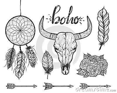 Set of Boho elements. Bull skull native Americans tribal style. Vector Illustration