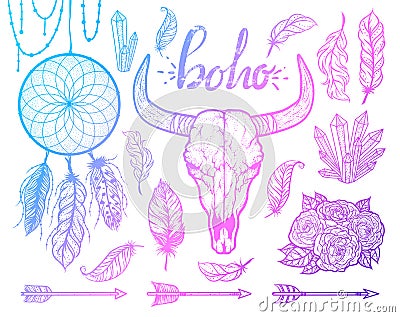 Set of Boho elements. Bull skull native Americans tribal style. Tattoo blackwork. Vector hand drawn illustration. Vector Illustration