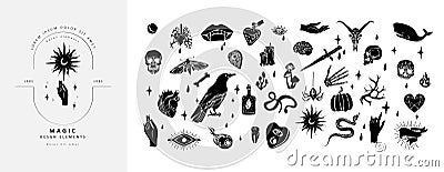 Set of boho hand drawn mystical magic set. Esoteric doodle elements and logo icons with hands, raven dagger. Black Vector Illustration