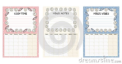 Set of boho monthly calendars with white candles decorative elements, place for notes and to do list. Cozy lagom planners. Vector Illustration