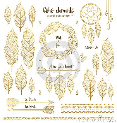 Set of boho style hand drawn elements in golden color Vector Illustration