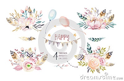 Set of boho vintage bouquet, watercolor elements of flowers, garden and wild flowers, leaves, branches flower Cartoon Illustration