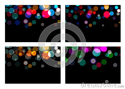Set of bokeh effect backdrop. Magic Christmas glowing on black background. Shiny blurred glitter. Abstract bright light Vector Illustration